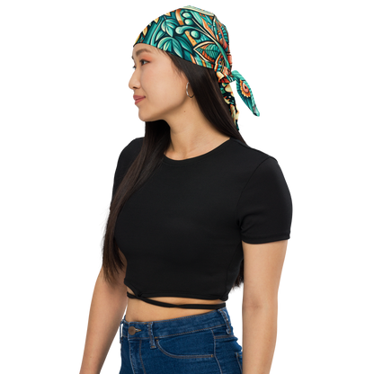 Frau trägt Bandana mit buntem blau orangenem Blumenmuster