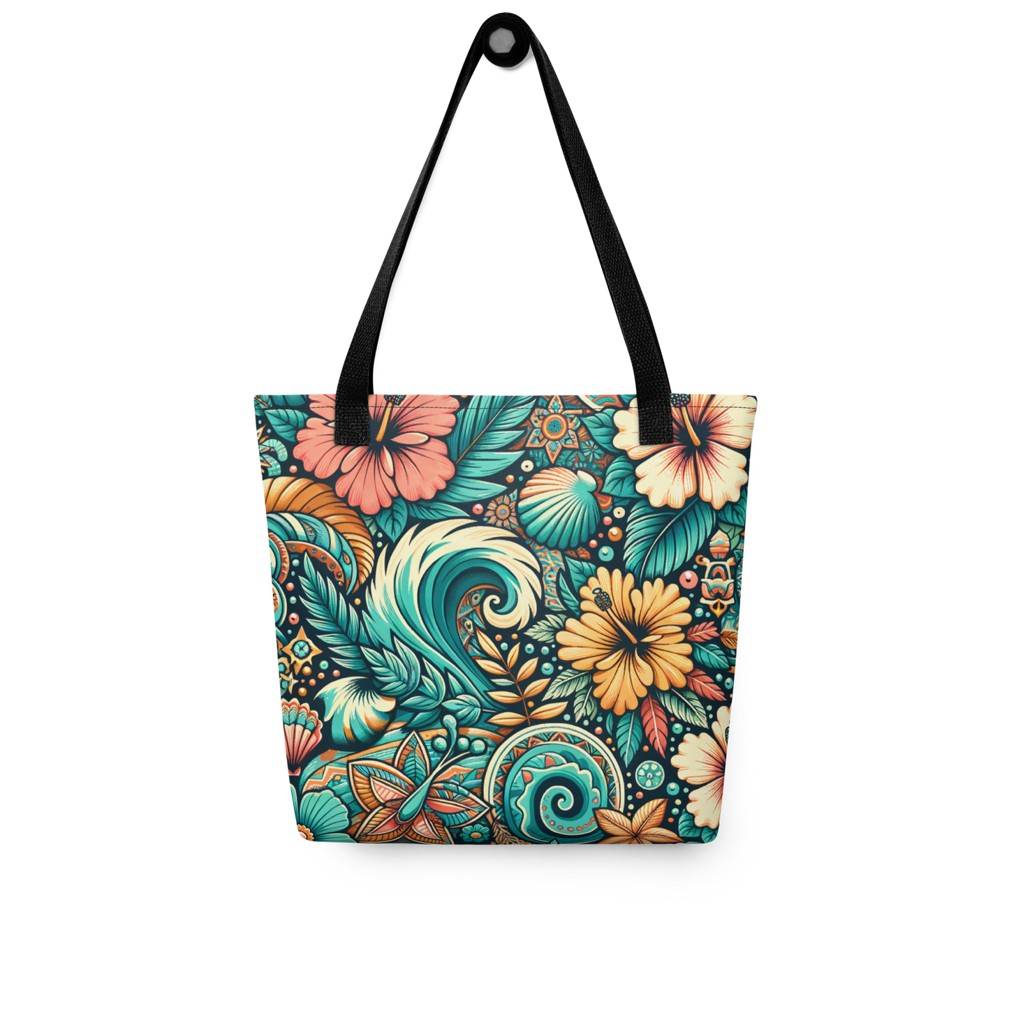 All Over Stoffbeutel mit buntem verschlungenem blau orange Blumenmuster und schwarzem Henkel