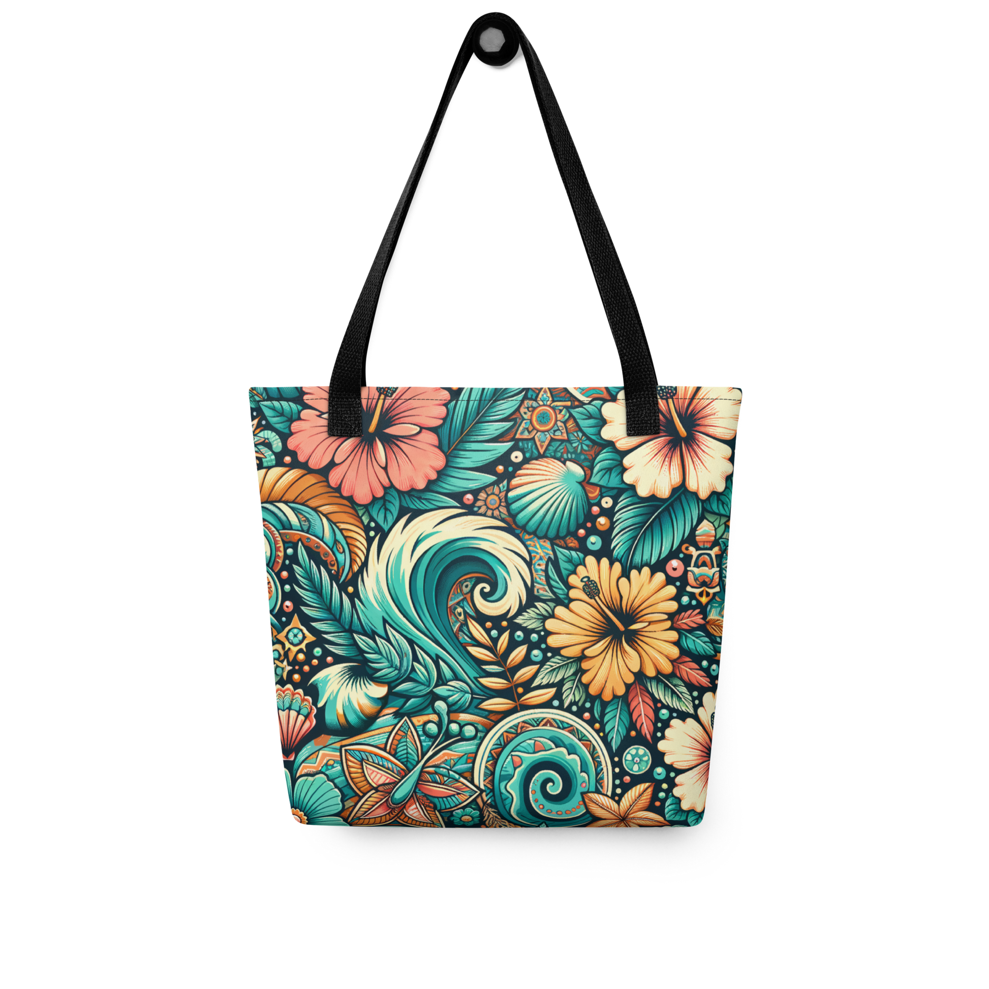 All Over Stoffbeutel mit buntem verschlungenem blau orange Blumenmuster und schwarzem Henkel