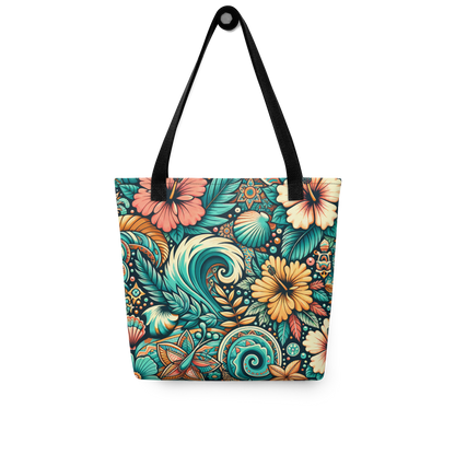 All Over Stoffbeutel mit buntem verschlungenem blau orange Blumenmuster und schwarzem Henkel