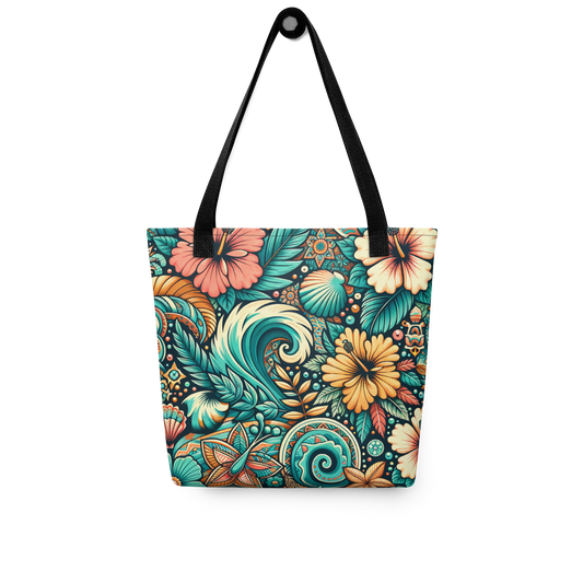 All Over Stoffbeutel mit buntem verschlungenem blau orange Blumenmuster und schwarzem Henkel