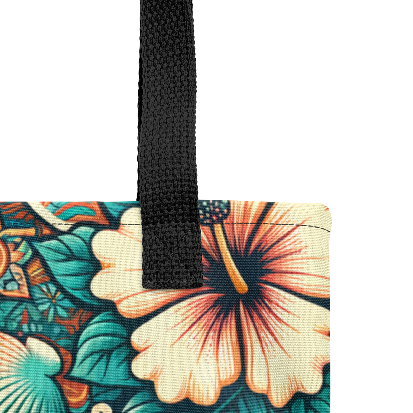 Nahaufnahme All Over Stoffbeutel mit buntem verschlungenem blau orange Blumenmuster