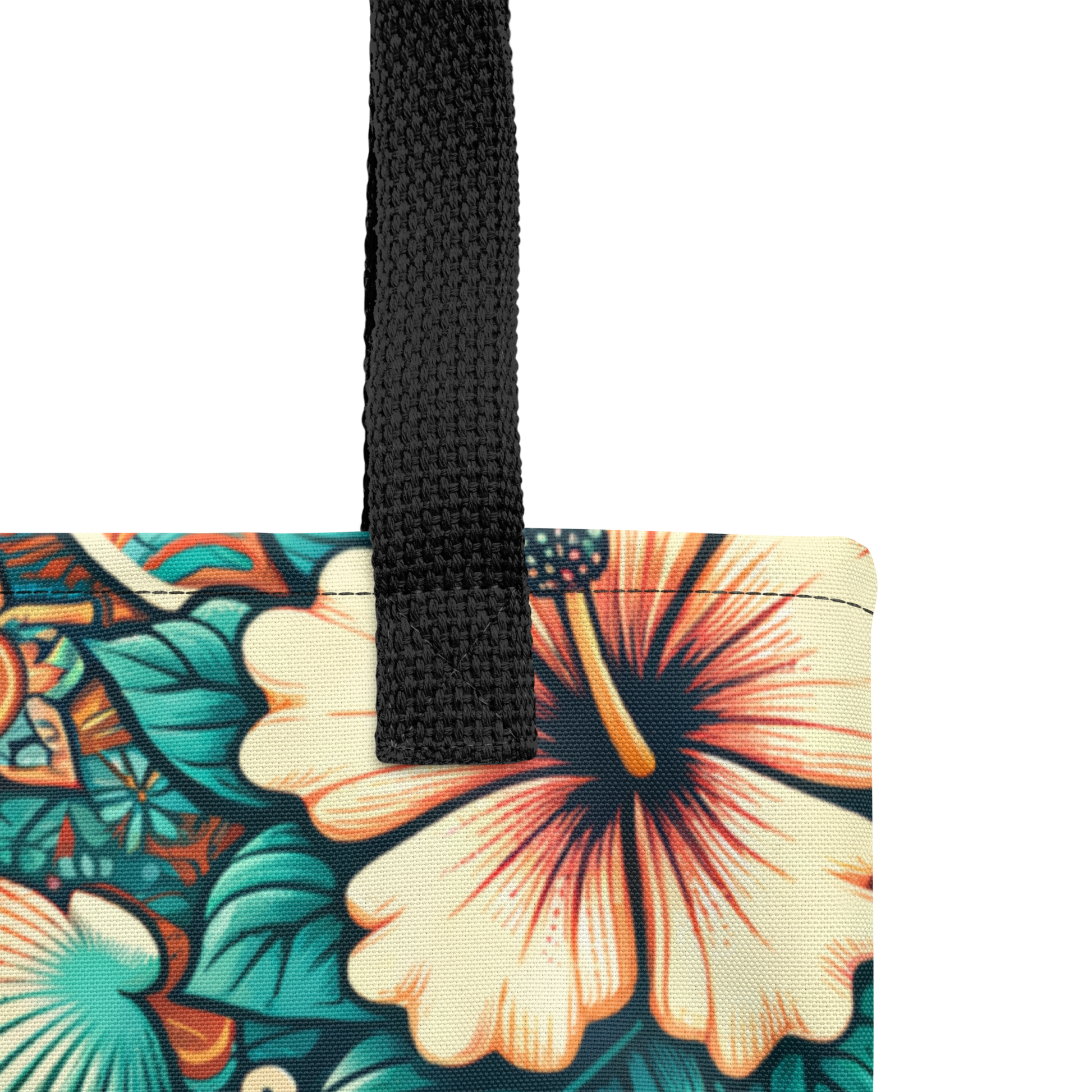 Nahaufnahme All Over Stoffbeutel mit buntem verschlungenem blau orange Blumenmuster