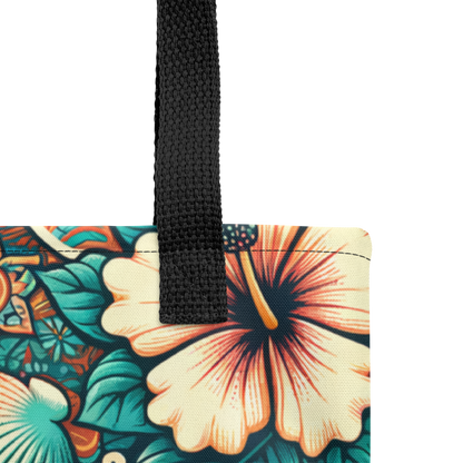 Nahaufnahme All Over Stoffbeutel mit buntem verschlungenem blau orange Blumenmuster