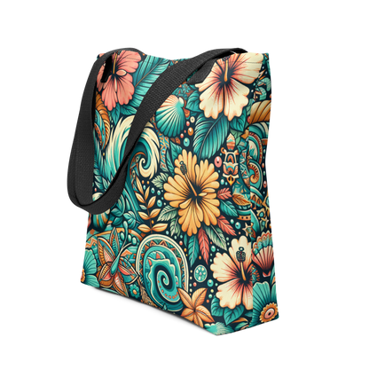 Seitenansicht All Over Stoffbeutel mit buntem verschlungenem blau orange Blumenmuster