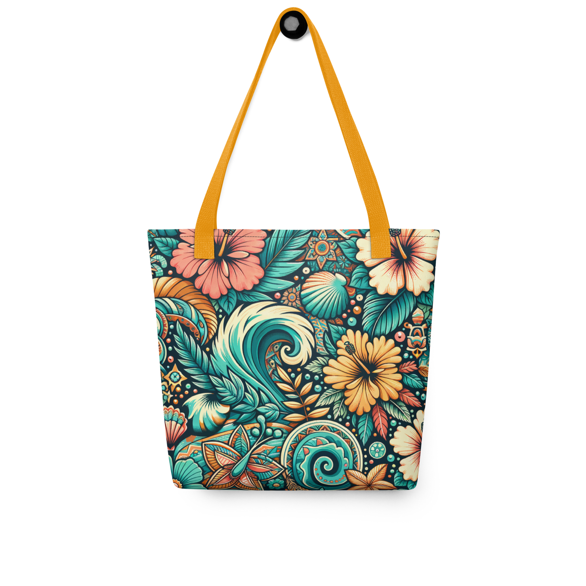 All Over Stoffbeutel mit buntem verschlungenem blau orange Blumenmuster und gelbem Henkel