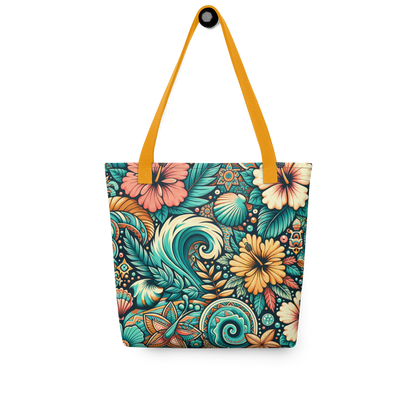 All Over Stoffbeutel mit buntem verschlungenem blau orange Blumenmuster und gelbem Henkel