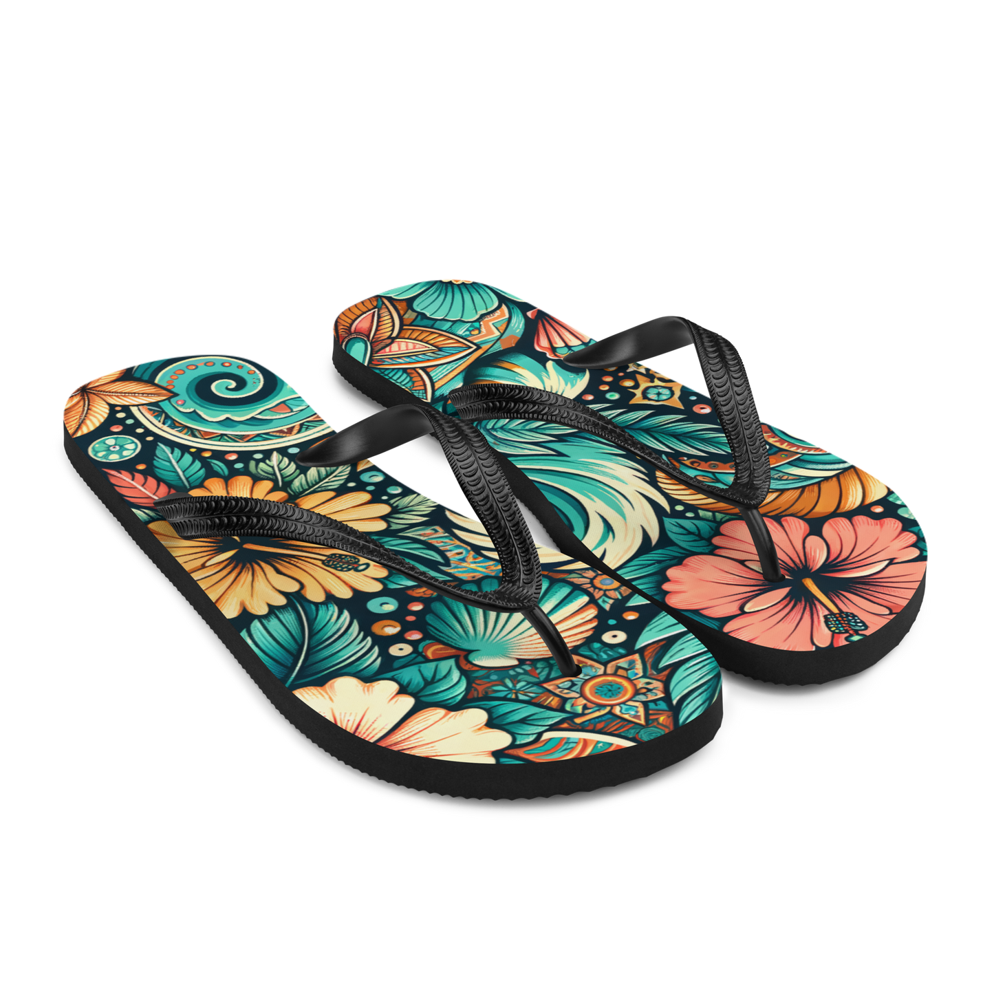 Seitenansicht Flip-Flops mit buntem verschlungenem blau orangem Blumenmuster