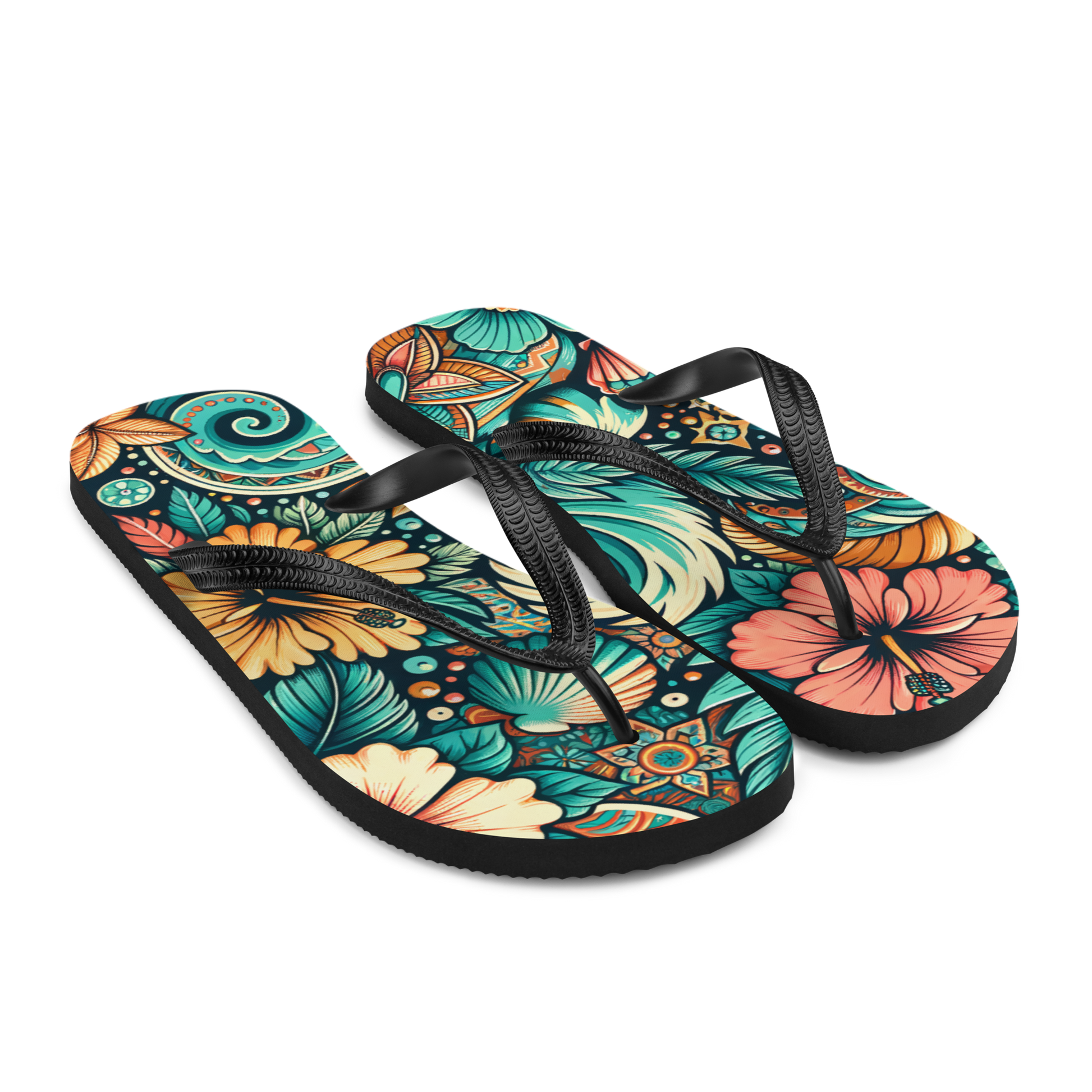 Seitenansicht Flip-Flops mit buntem verschlungenem blau orangem Blumenmuster