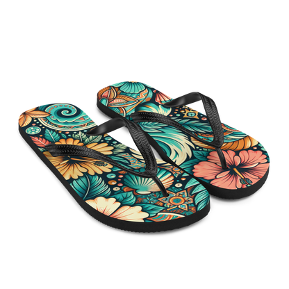 Seitenansicht Flip-Flops mit buntem verschlungenem blau orangem Blumenmuster