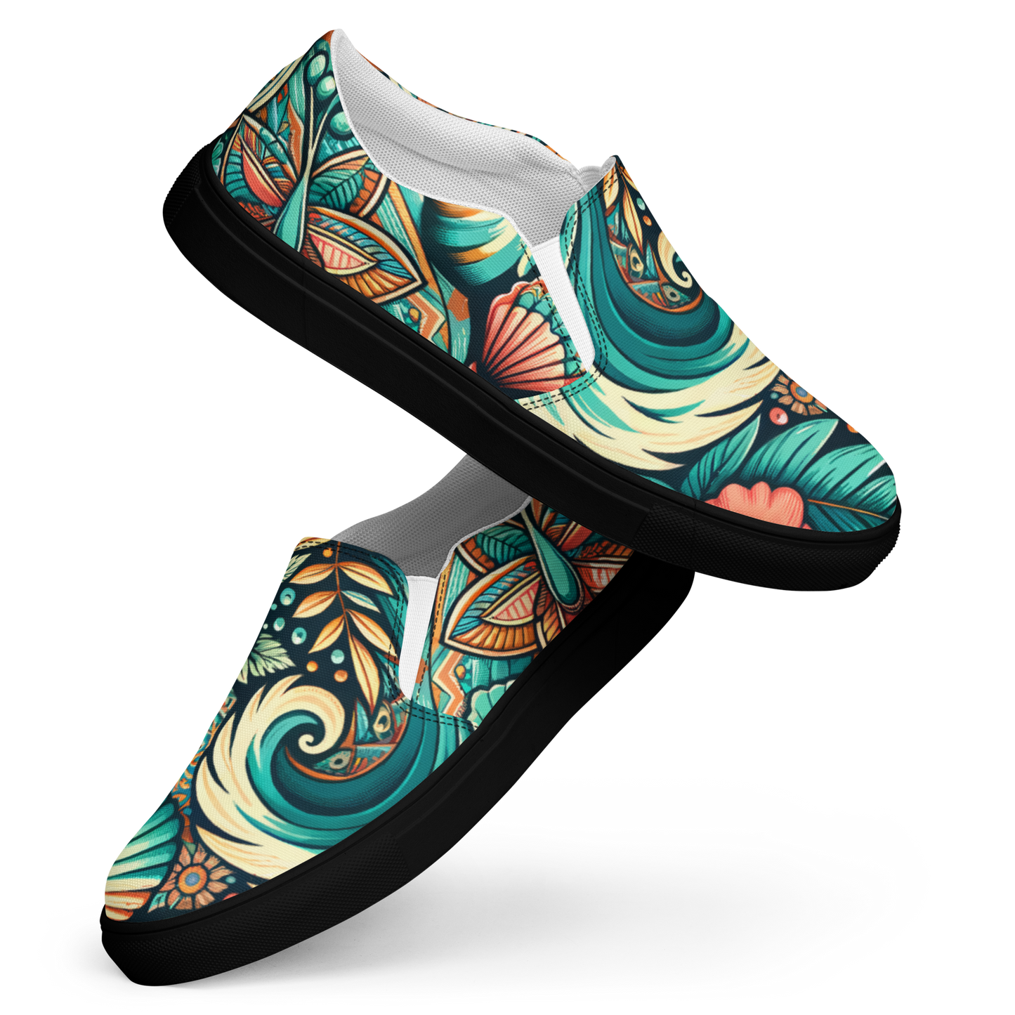 Damen Slip Ons mit buntem verschlungenem blau orangem Blumenmuster und schwarzem Gummirand