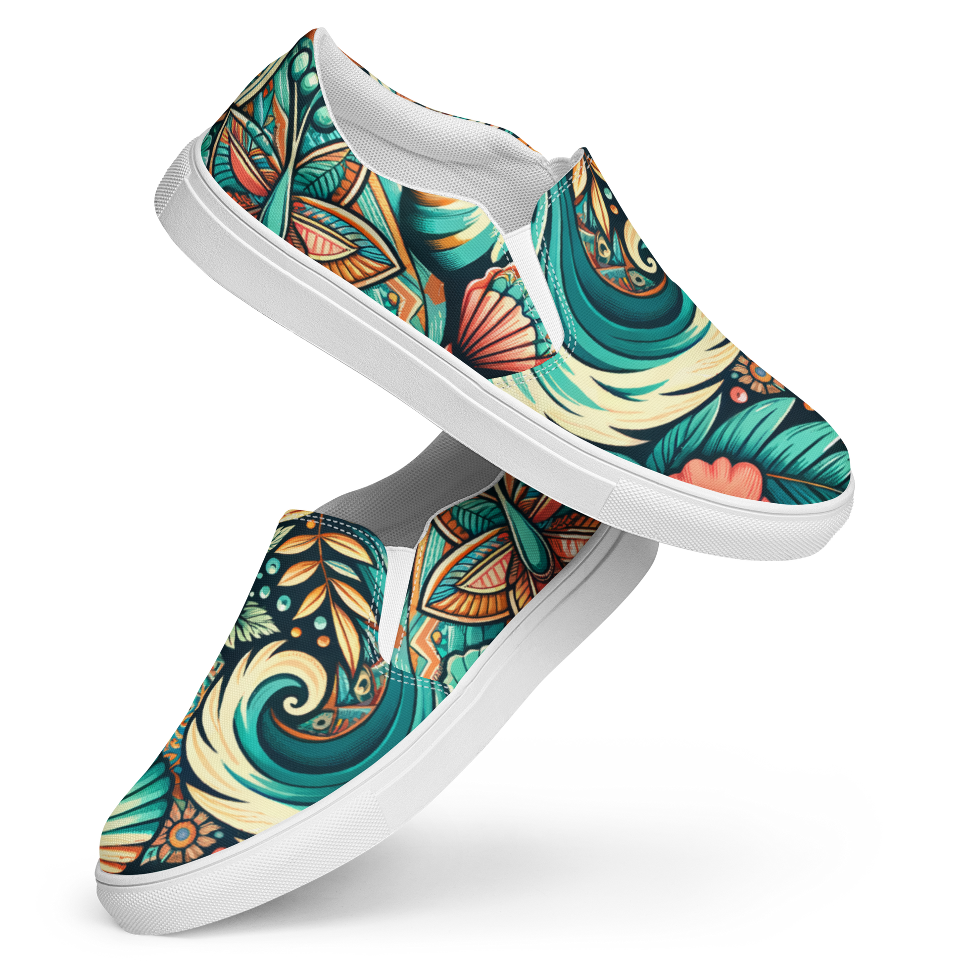 Damen Slip Ons mit buntem verschlungenem blau orangem Blumenmuster und weißem Gummirand