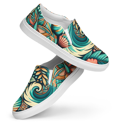 Damen Slip Ons mit buntem verschlungenem blau orangem Blumenmuster und weißem Gummirand