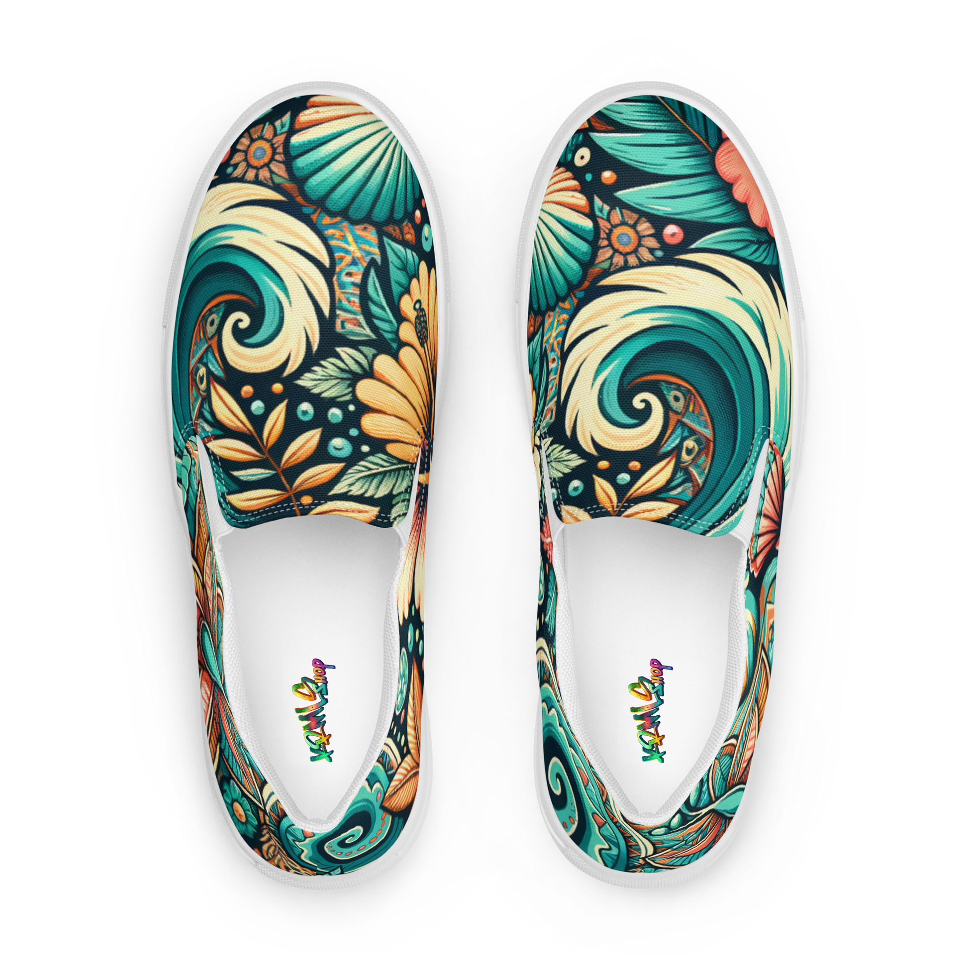 Obenansicht Damen Slip Ons mit buntem verschlungenem blau orangem Blumenmuster und weißem Gummirand