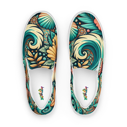 Obenansicht Damen Slip Ons mit buntem verschlungenem blau orangem Blumenmuster und weißem Gummirand