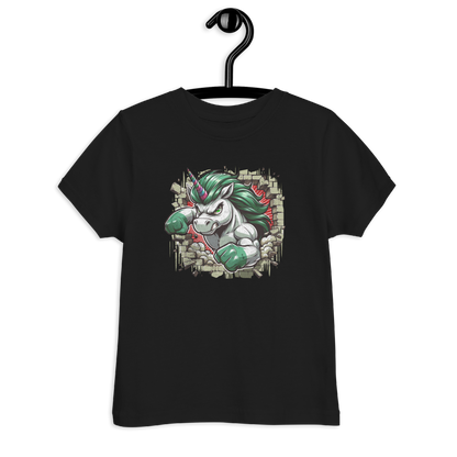 Schwarzes Kinder T-Shirt mit Einhorn das eine Wand durchbricht Motiv