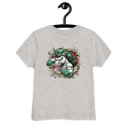 Graues Kinder T-Shirt mit Einhorn das eine Wand durchbricht Motiv