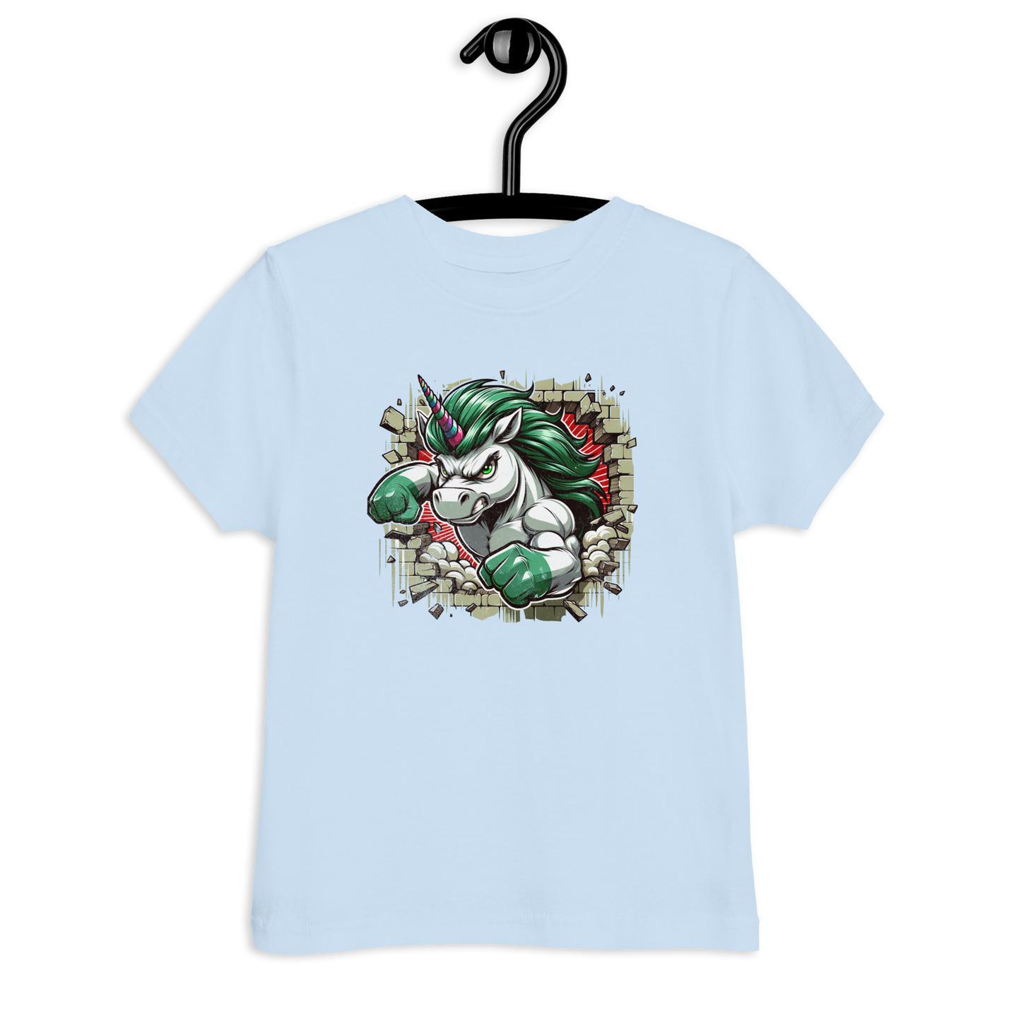 Hellblaues Kinder T-Shirt mit Einhorn das Wand durchbricht Motiv