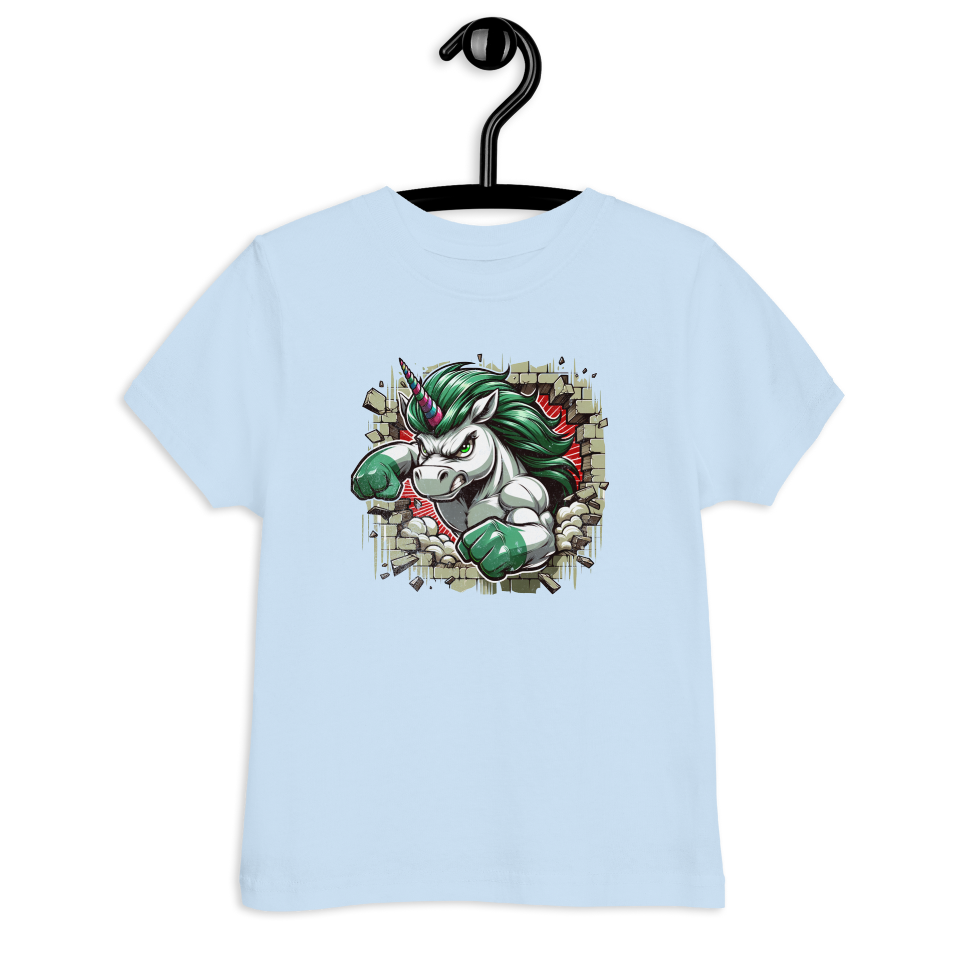 Hellblaues Kinder T-Shirt mit Einhorn das Wand durchbricht Motiv