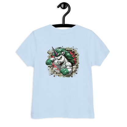 Hellblaues Kinder T-Shirt mit Einhorn das Wand durchbricht Motiv