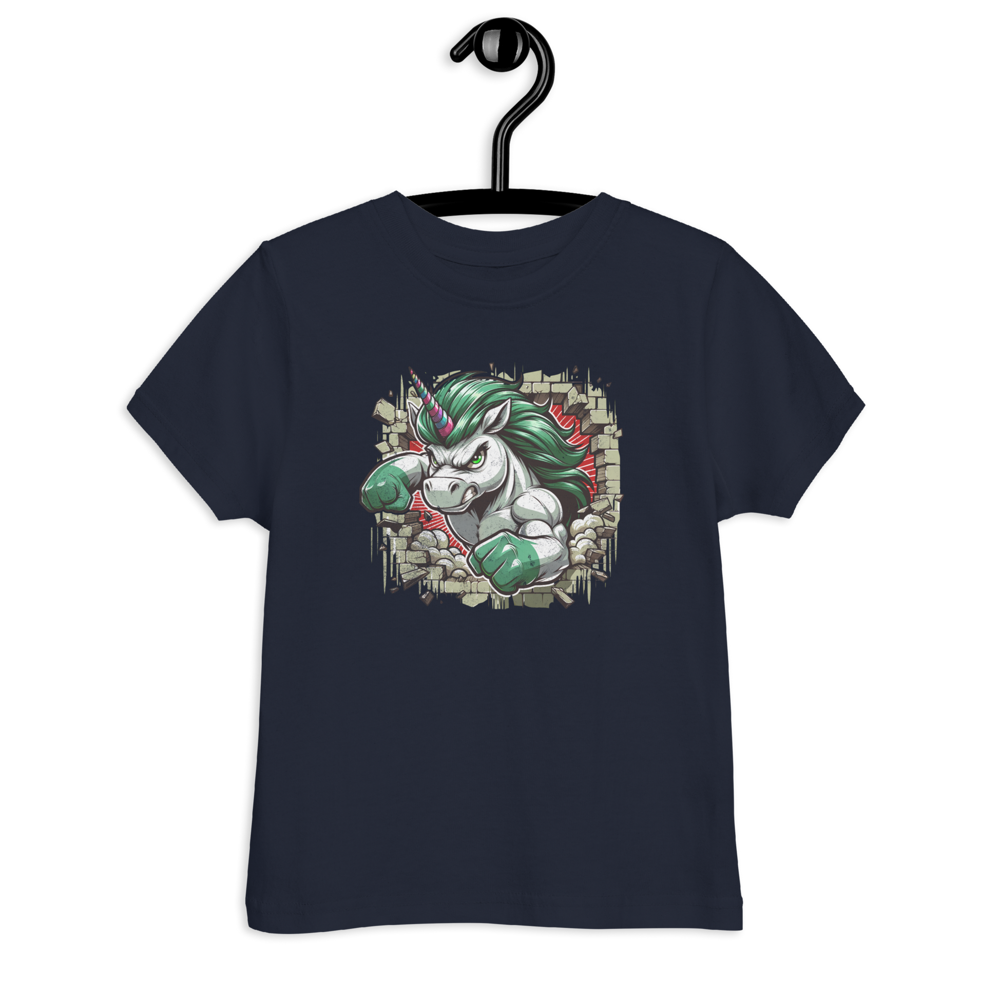 Navy Kinder T-Shirt mit Einhorn das Wand durchbricht Motiv
