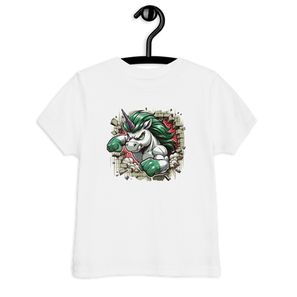 Weißes Kinder T-Shirt mit Einhorn das Wand durchbricht Motiv
