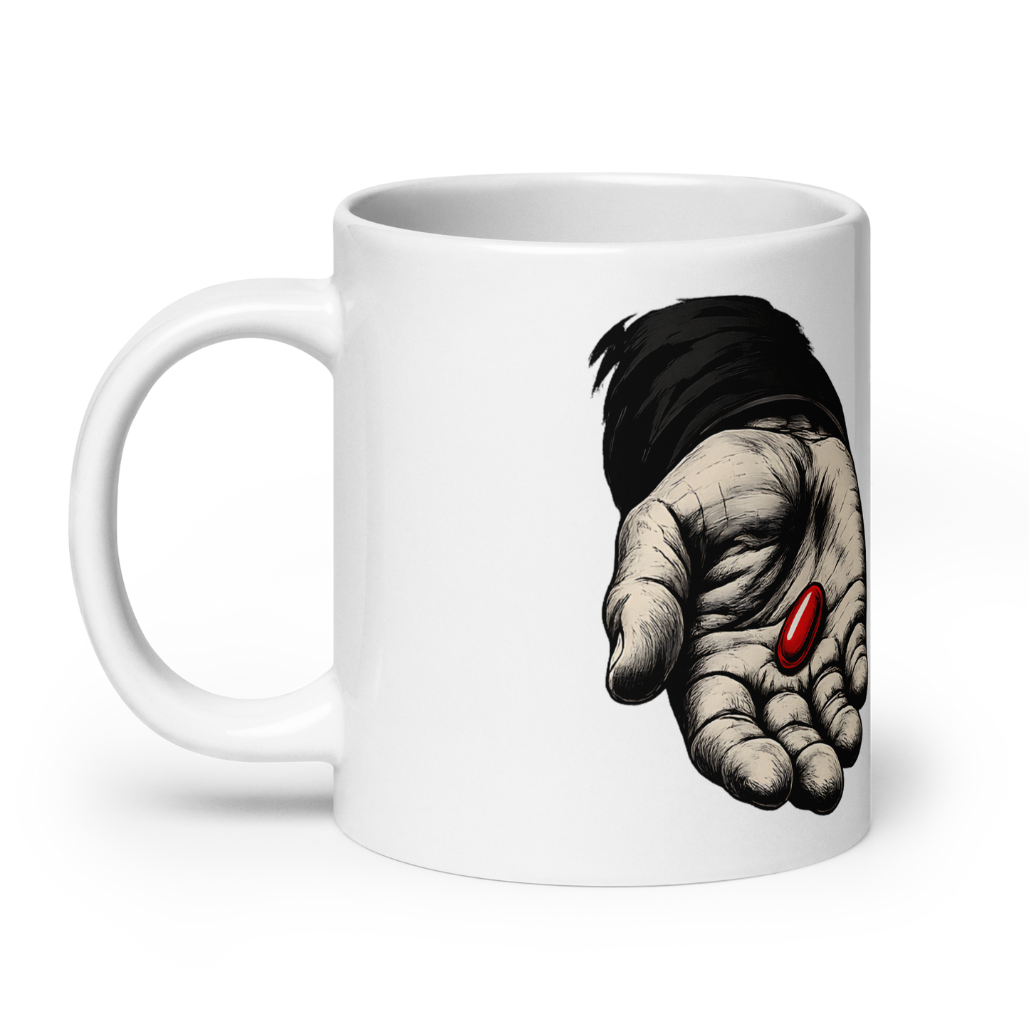 Große weiße Tasse mit zwei Händen bedruckt, in der einen liegt eine rote Pille und in der anderen eine rote Pille, Seitenansicht links