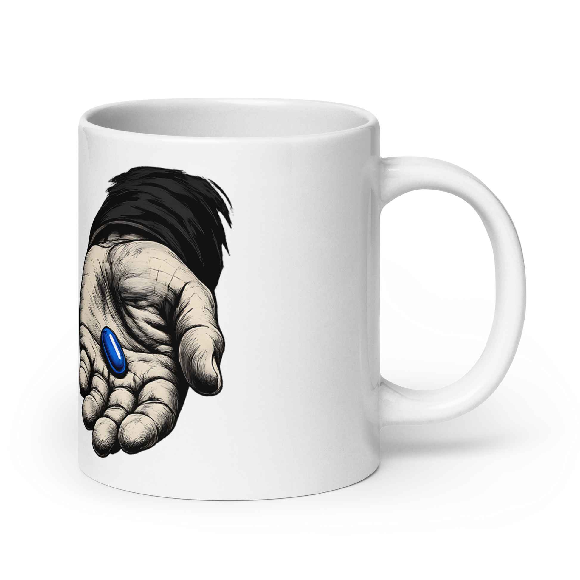 Große weiße Tasse mit zwei Händen bedruckt, in der einen liegt eine rote Pille und in der anderen eine rote Pille, Seitenansicht rechts