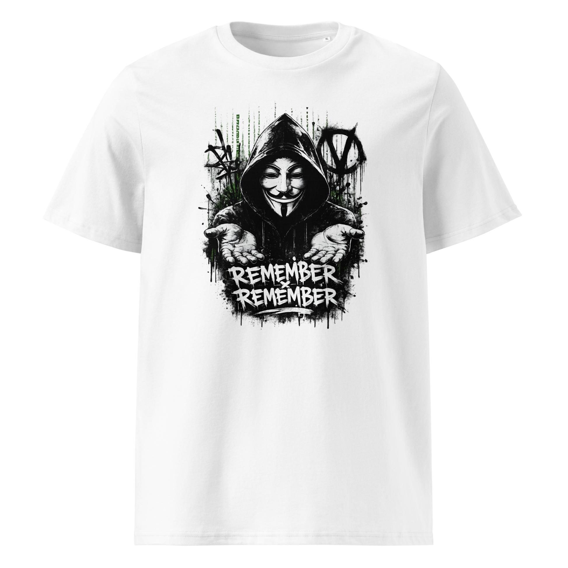 Weißes T-Shirt mit Guy Fawkes hält die Hände offen und die Wörter Remember Remember stehen darunter im Streetart Style