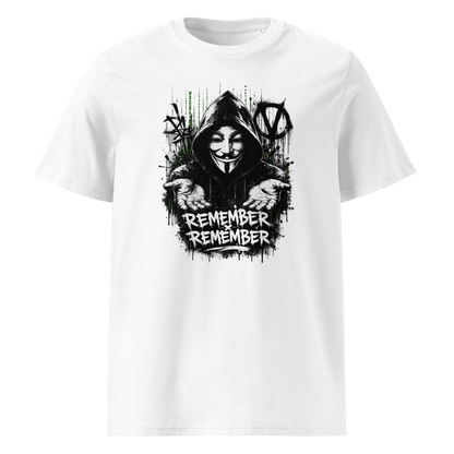 Weißes T-Shirt mit Guy Fawkes hält die Hände offen und die Wörter Remember Remember stehen darunter im Streetart Style