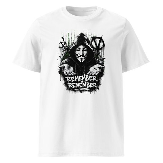 Weißes T-Shirt mit Guy Fawkes hält die Hände offen und die Wörter Remember Remember stehen darunter im Streetart Style