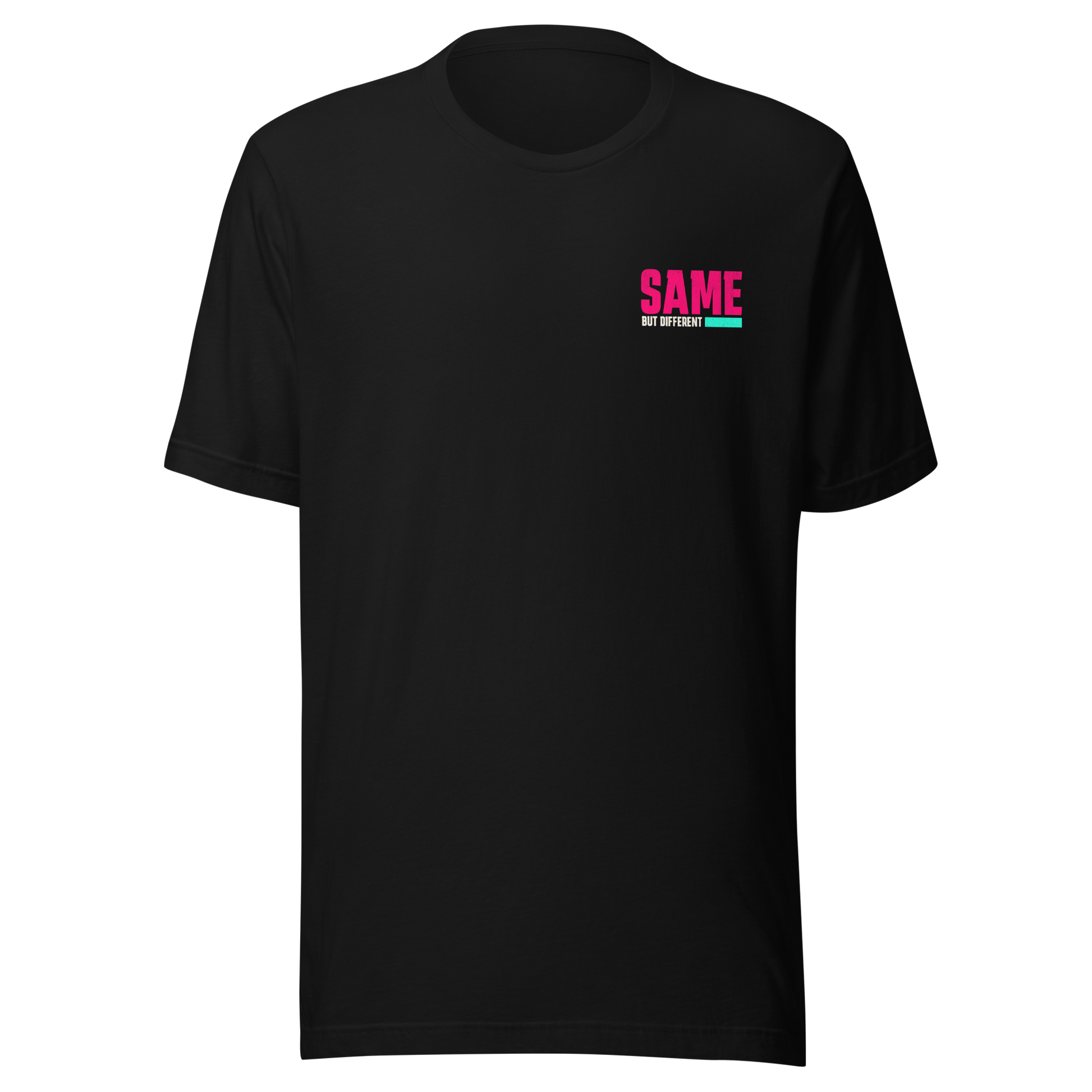 Schwarzes Partnerlook Unisex T-Shirt mit pinkem SAME but different Schriftzug