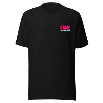 Schwarzes Partnerlook Unisex T-Shirt mit pinkem SAME but different Schriftzug