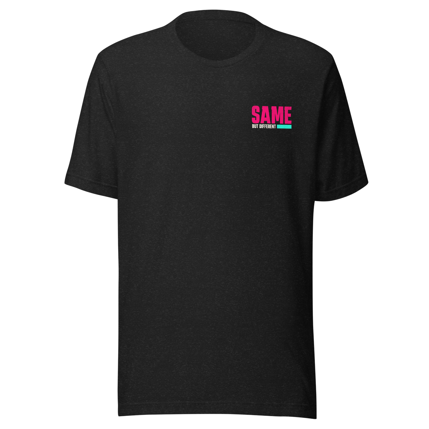 Heather schwarzes Partnerlook Unisex T-Shirt mit pinkem SAME but different Schriftzug