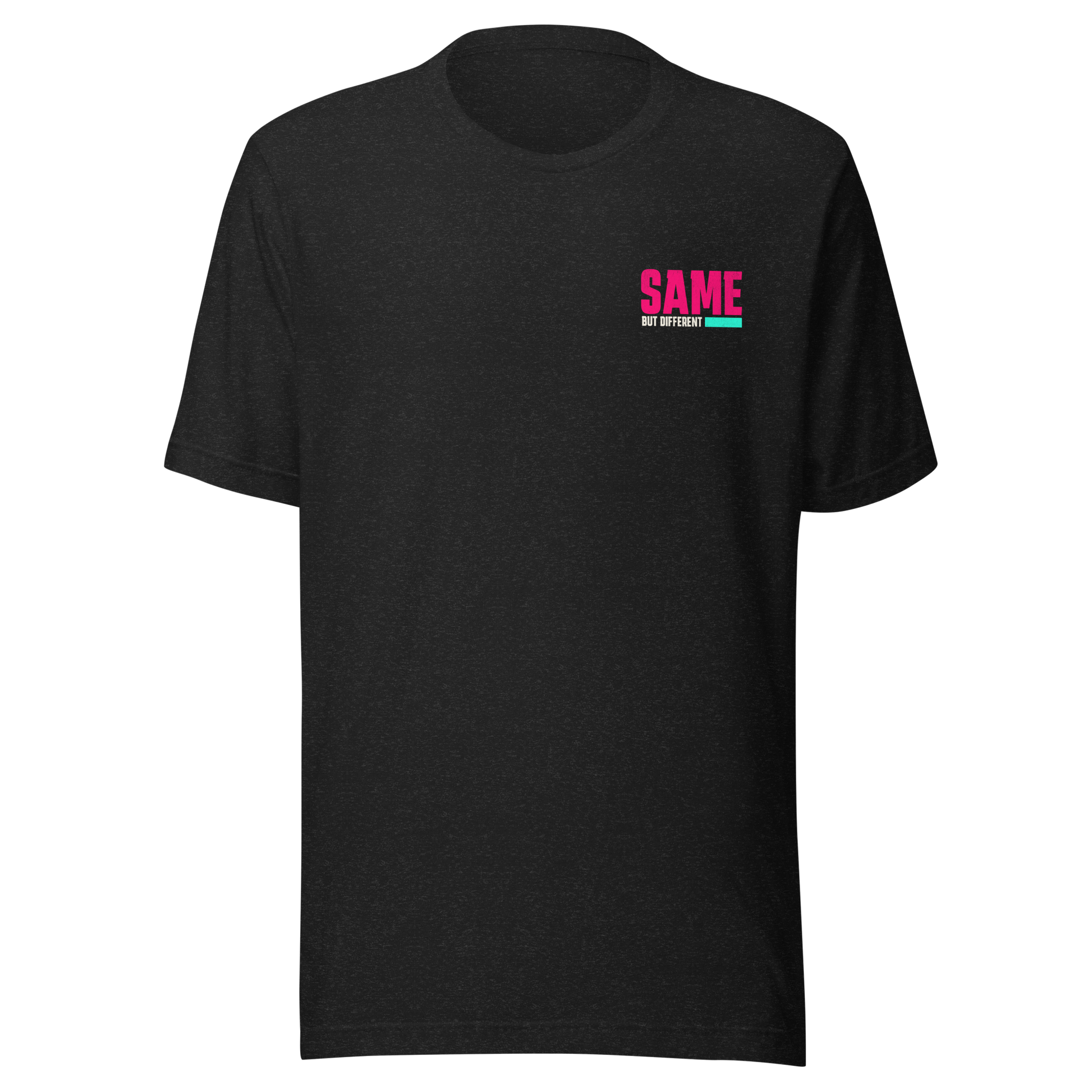 Heather schwarzes Partnerlook Unisex T-Shirt mit pinkem SAME but different Schriftzug