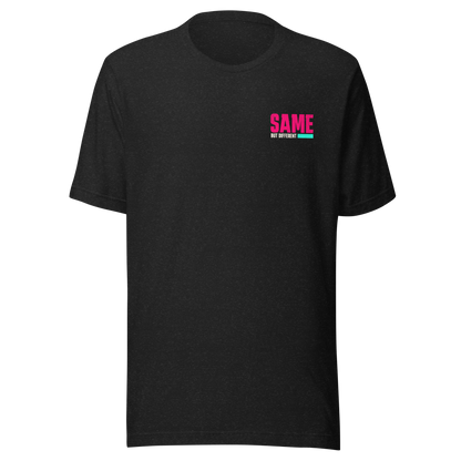 Heather schwarzes Partnerlook Unisex T-Shirt mit pinkem SAME but different Schriftzug