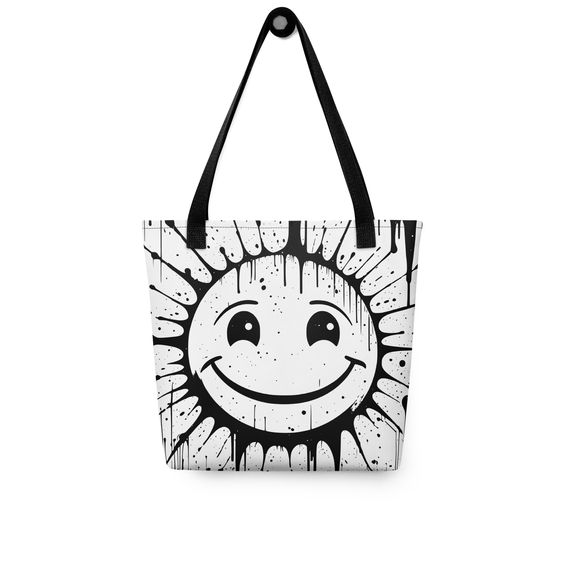 Weißer All-Over Stoffbeutel mit großem lachenden Smiley im Spray Graffiti Look und schwarzen Henkeln
