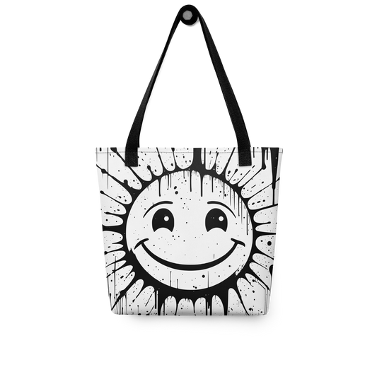 Weißer All-Over Stoffbeutel mit großem lachenden Smiley im Spray Graffiti Look und schwarzen Henkeln