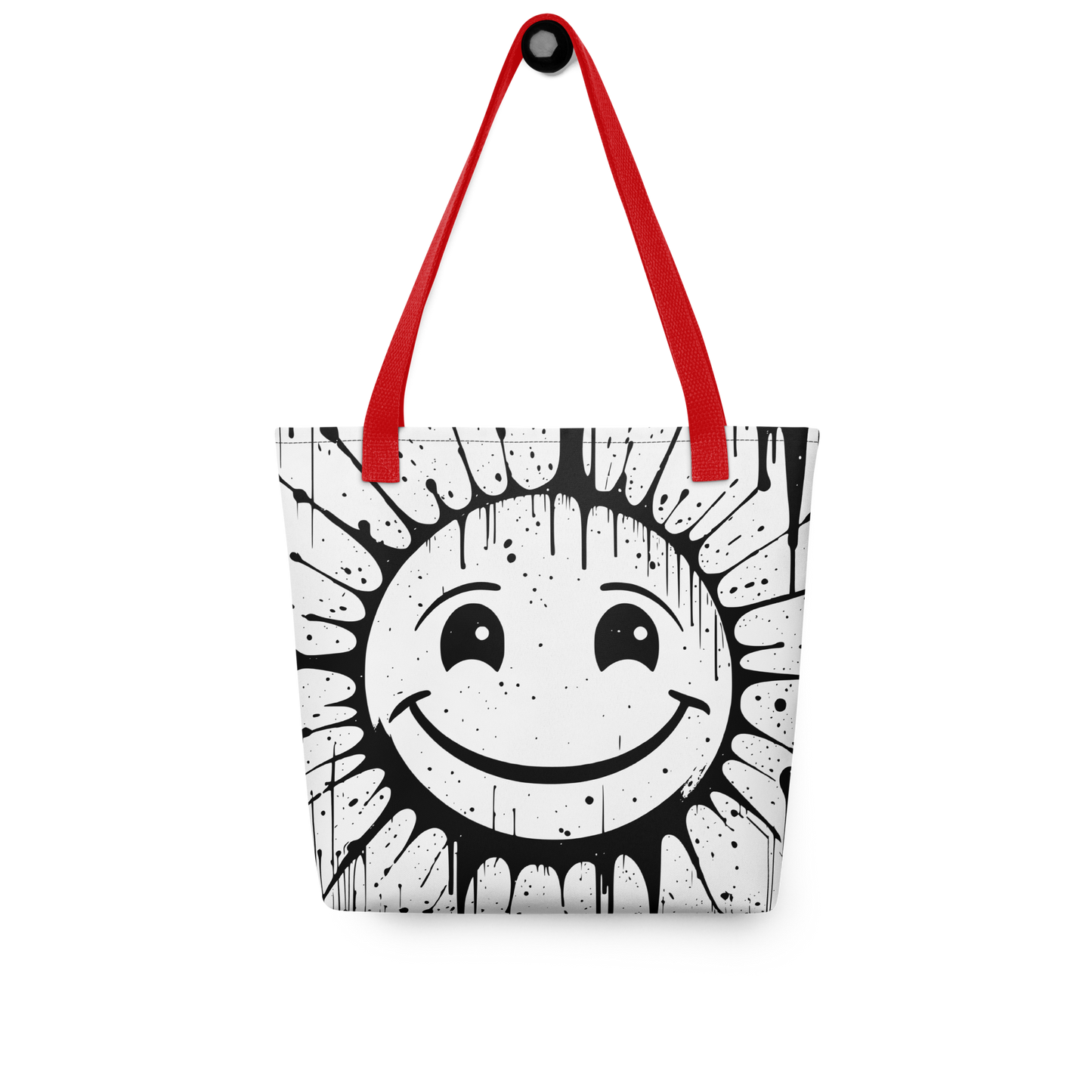 Weißer All-Over Stoffbeutel mit großem lachenden Smiley im Spray Graffiti Look und roten Henkeln