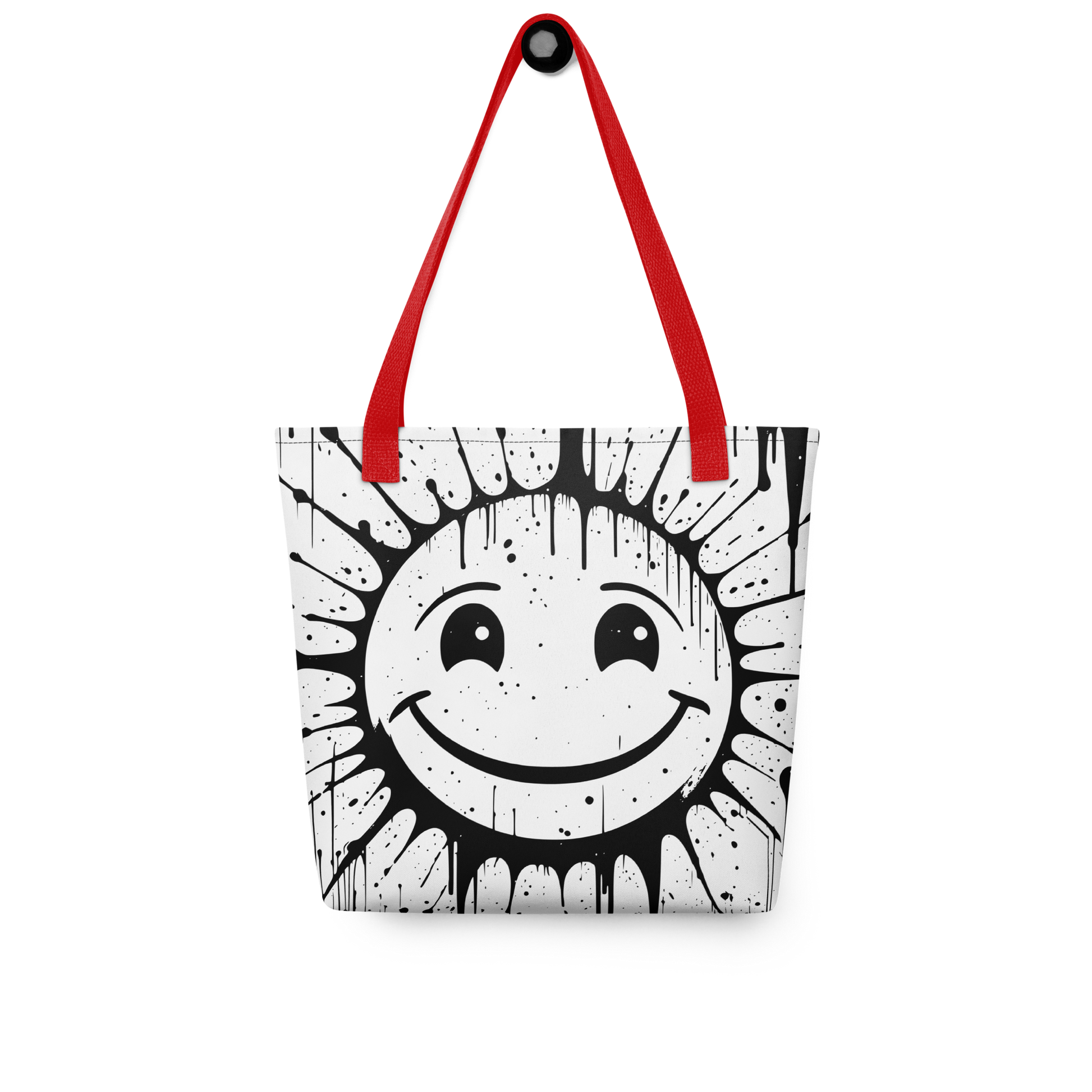 Weißer All-Over Stoffbeutel mit großem lachenden Smiley im Spray Graffiti Look und roten Henkeln