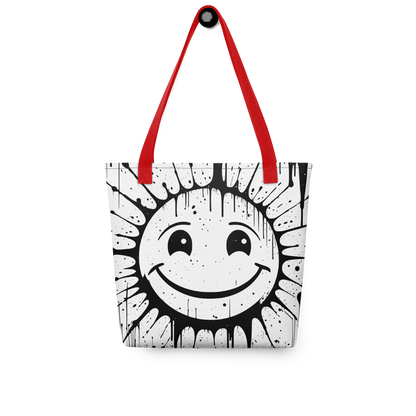 Weißer All-Over Stoffbeutel mit großem lachenden Smiley im Spray Graffiti Look und roten Henkeln