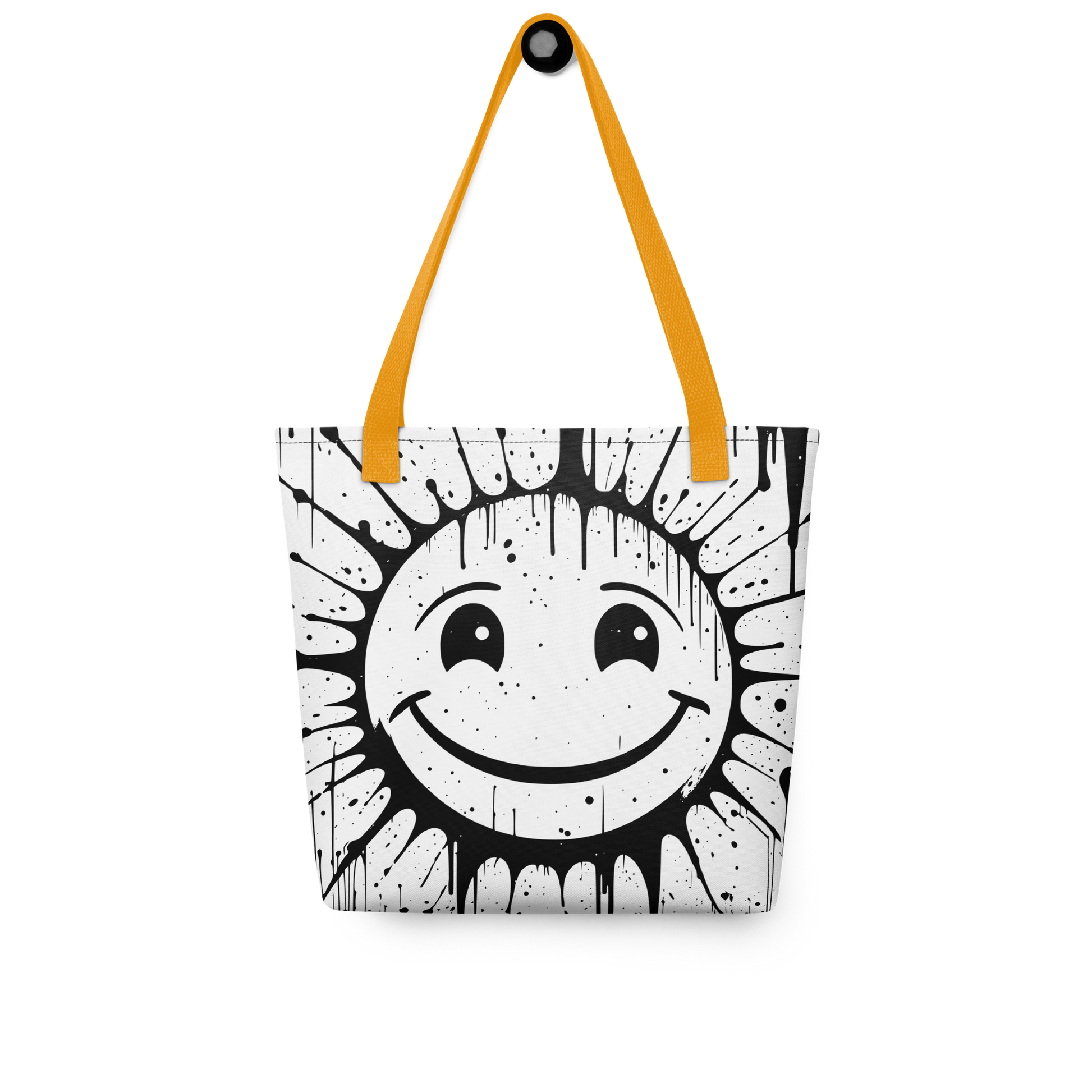 Weißer All-Over Stoffbeutel mit großem lachenden Smiley im Spray Graffiti Look und gelben Henkeln