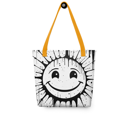Weißer All-Over Stoffbeutel mit großem lachenden Smiley im Spray Graffiti Look und gelben Henkeln