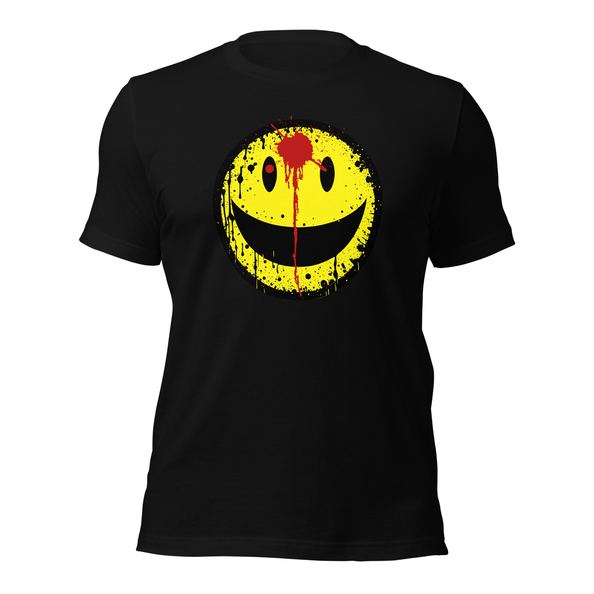 Schwarzes Unisex T-Shirt mit gelbem minimalistischem Smiley und roter Schusswunde auf der Stirn Brustprint
