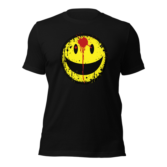Schwarzes Unisex T-Shirt mit gelbem minimalistischem Smiley und roter Schusswunde auf der Stirn Brustprint