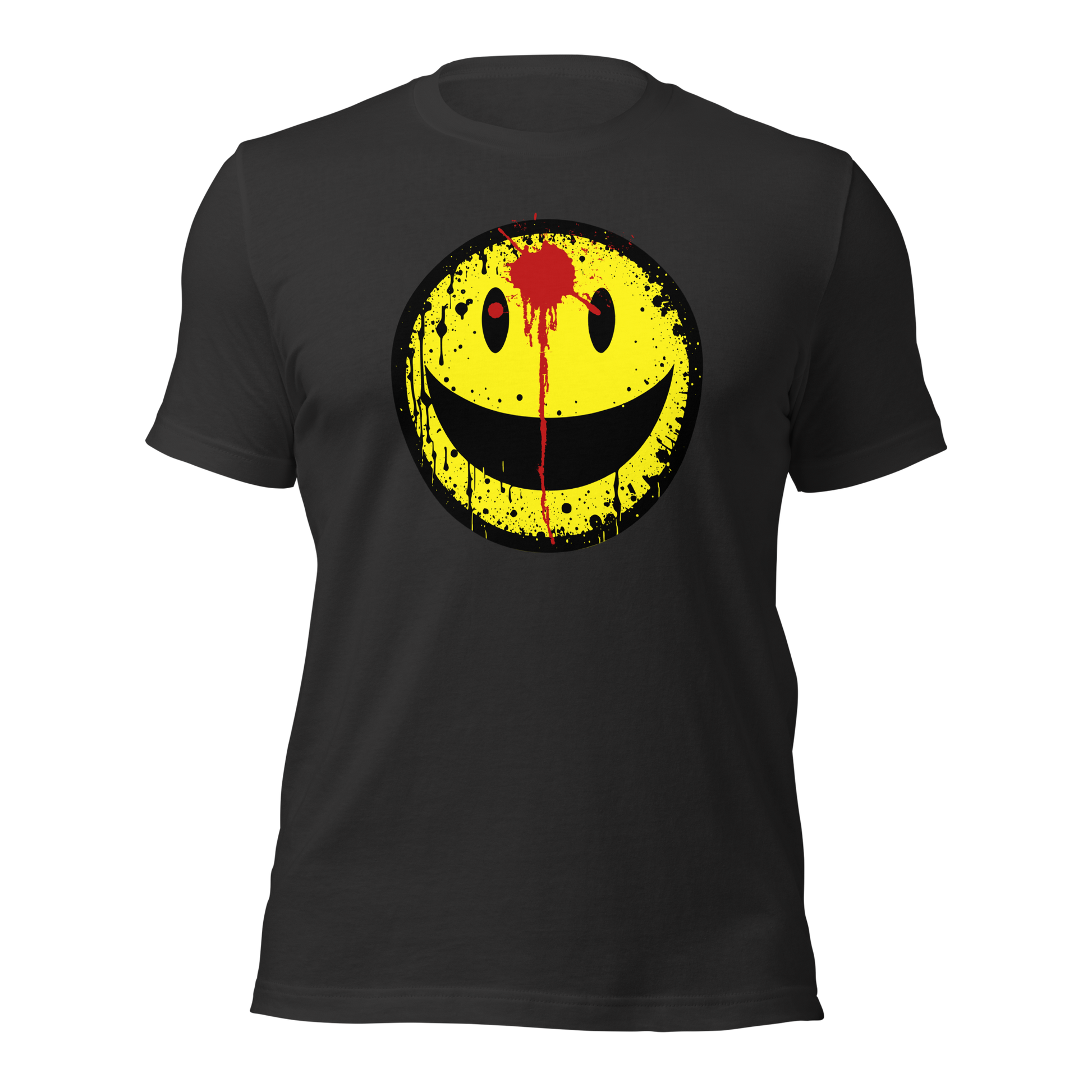Dunkelgraues Unisex T-Shirt mit gelbem minimalistischem Smiley und roter Schusswunde auf der Stirn Brustprint