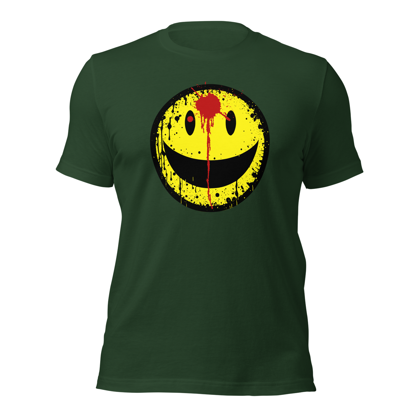 Waldgrünes Unisex T-Shirt mit gelbem minimalistischem Smiley und roter Schusswunde auf der Stirn Brustprint