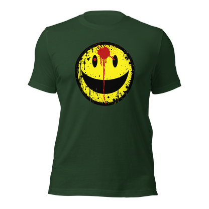 Waldgrünes Unisex T-Shirt mit gelbem minimalistischem Smiley und roter Schusswunde auf der Stirn Brustprint