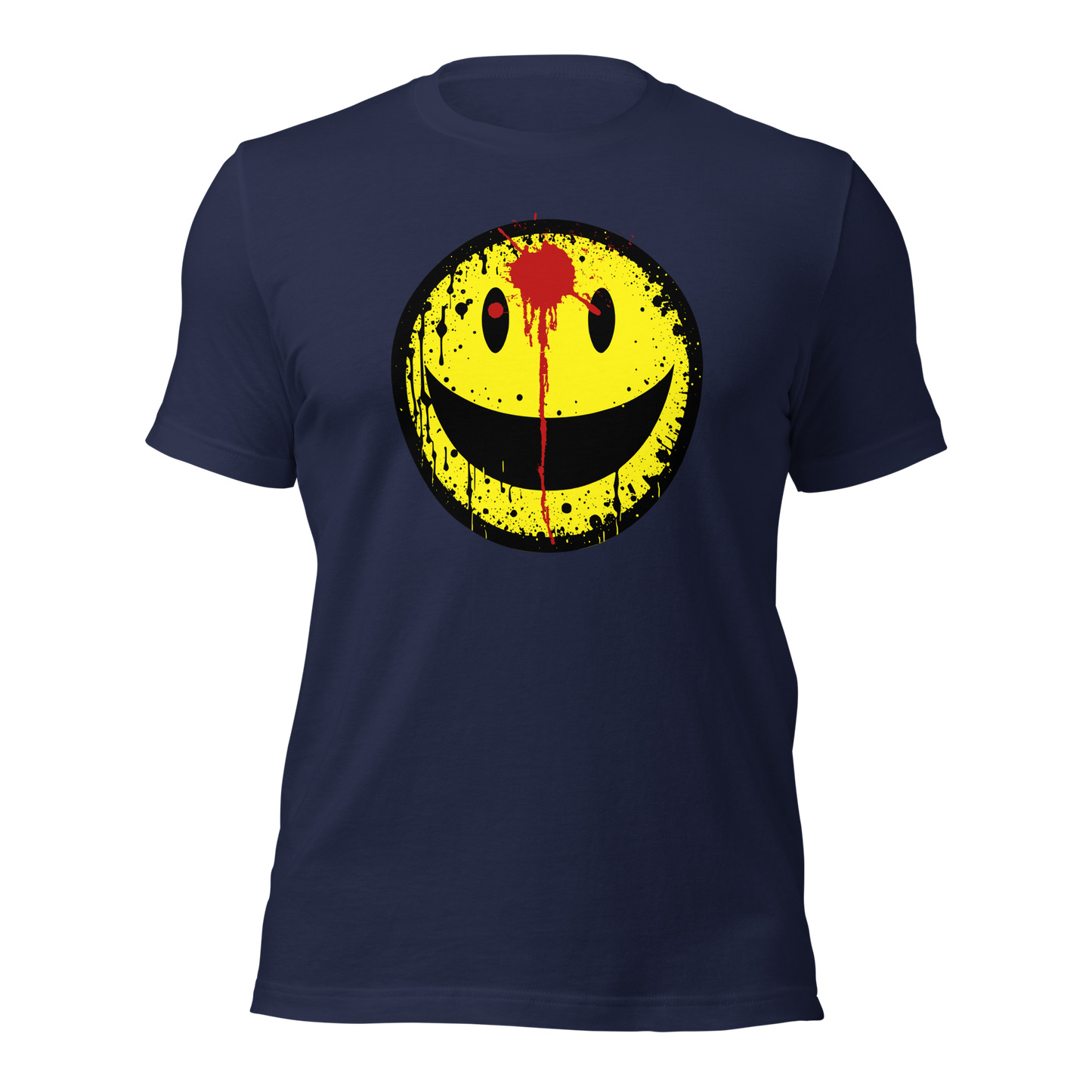 Navy Unisex T-Shirt mit gelbem minimalistischem Smiley und roter Schusswunde auf der Stirn Brustprint