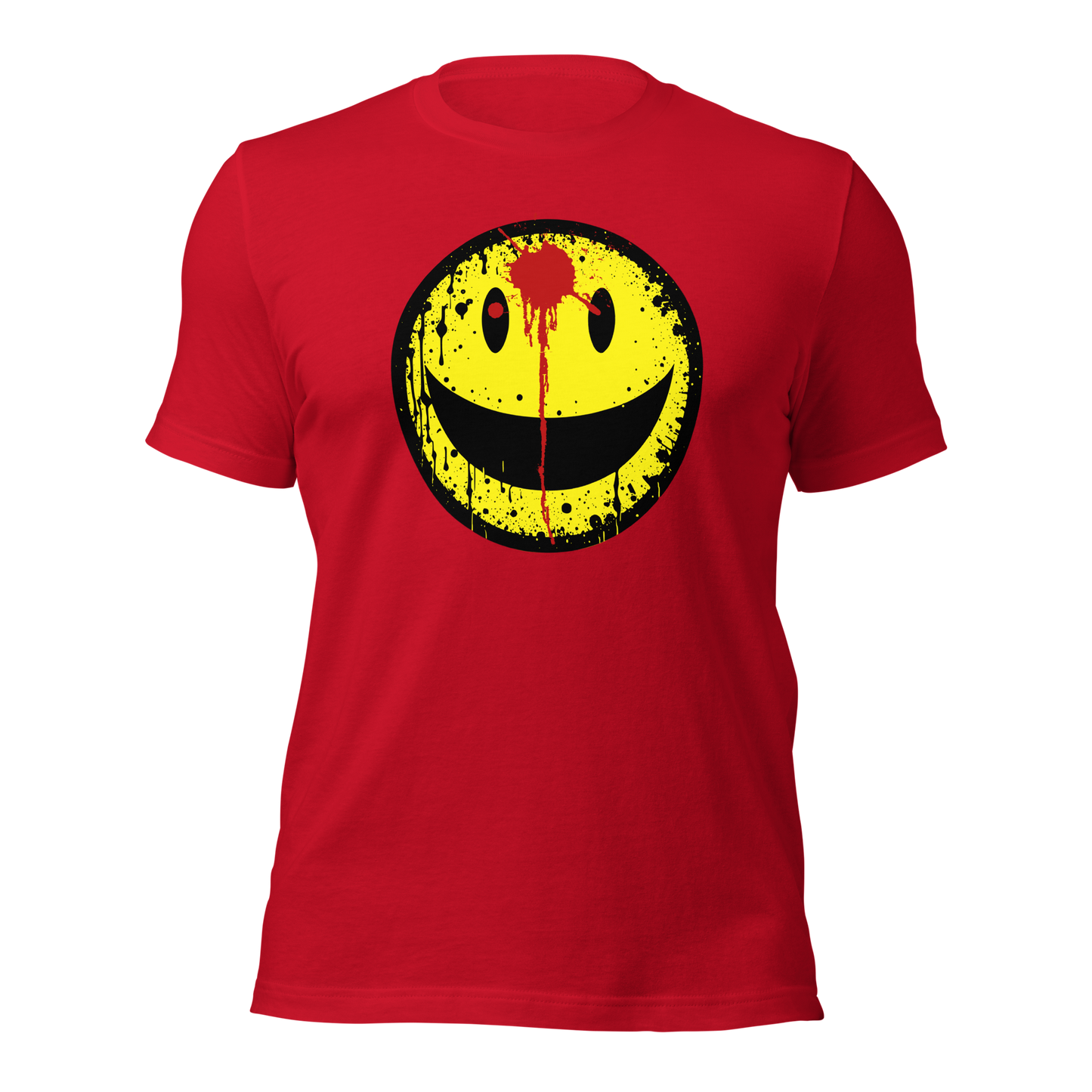 Rotes Unisex T-Shirt mit gelbem minimalistischem Smiley und roter Schusswunde auf der Stirn Brustprint